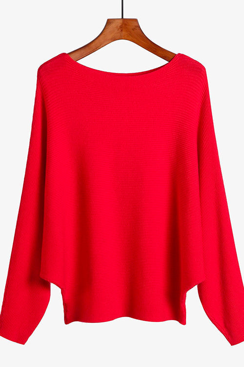 Boat Neck Batwing Sleeves Ribbed Knit Sweater Red S M
