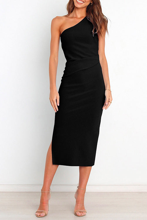 One Shoulder Ruched Side Split Midi Pencil Dress Black