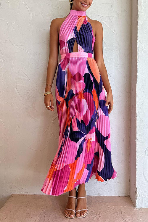 Halter Backless Cut Out Printed Maxi Pleated Dress