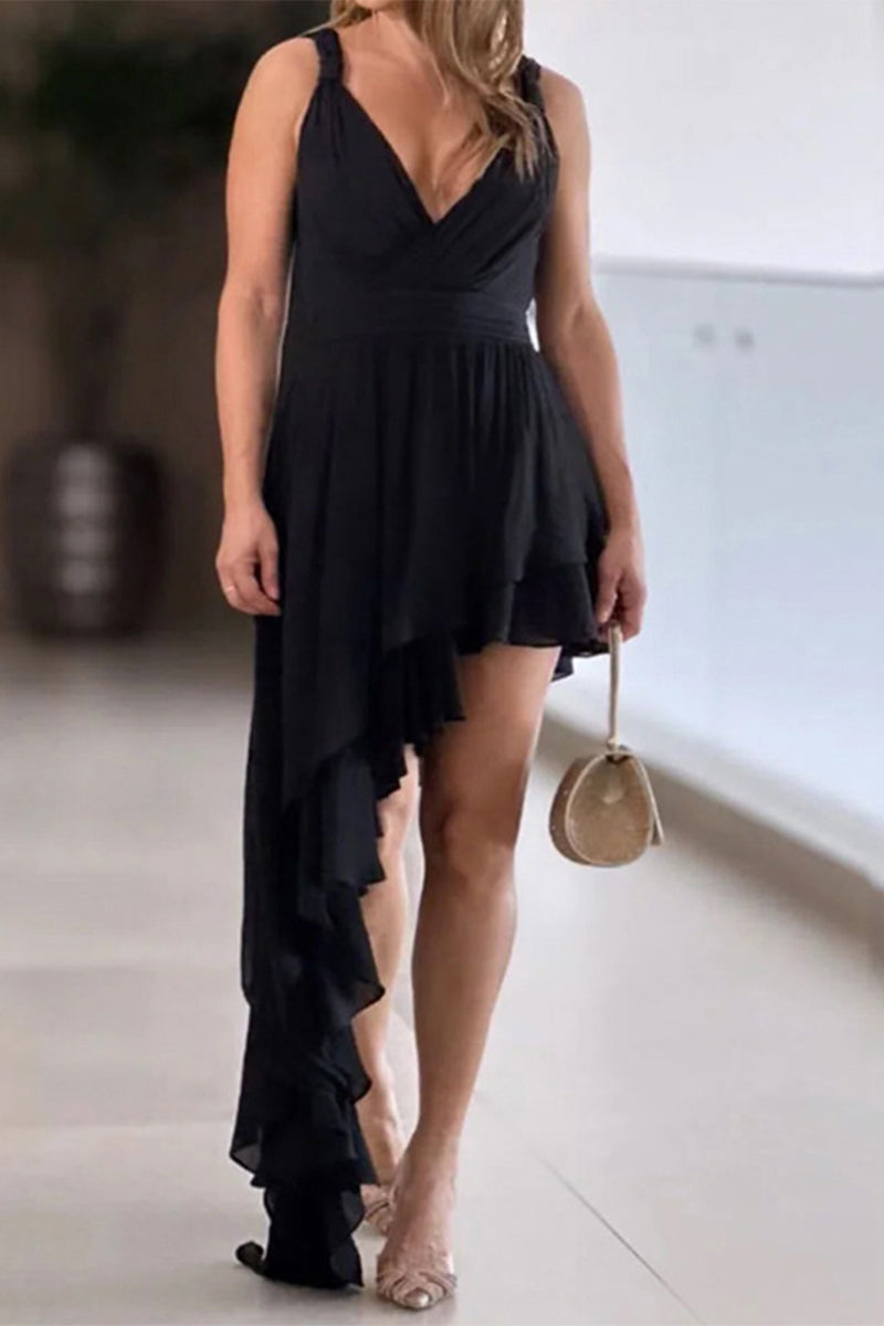 Sexy Solid Hollowed Out V Neck Irregular Dress Dresses main image 0