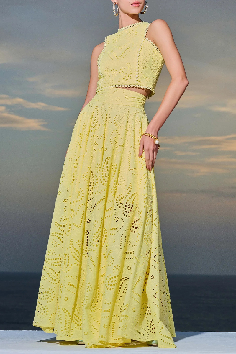 Élégant ensemble deux pièces sans manches à col rond et couleur unie (pas un modèle de positionnement)