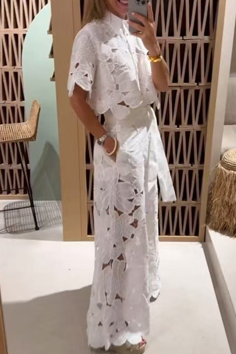 Ensemble deux pièces décontracté à manches courtes et col rabattu ajouré de couleur unie