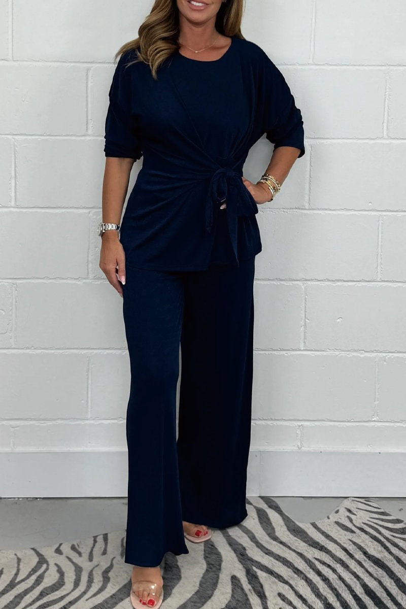 Casual Solid Color Lace Up Ruched O Neck Long Sleeve Two Pieces