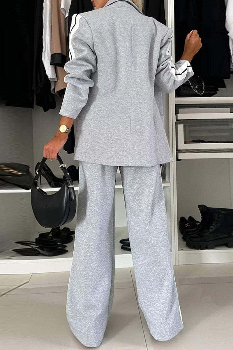 Lässiger Zweiteiler mit Streifen-Patchwork, Umschlagkragen und langen Ärmeln (7 Farben)