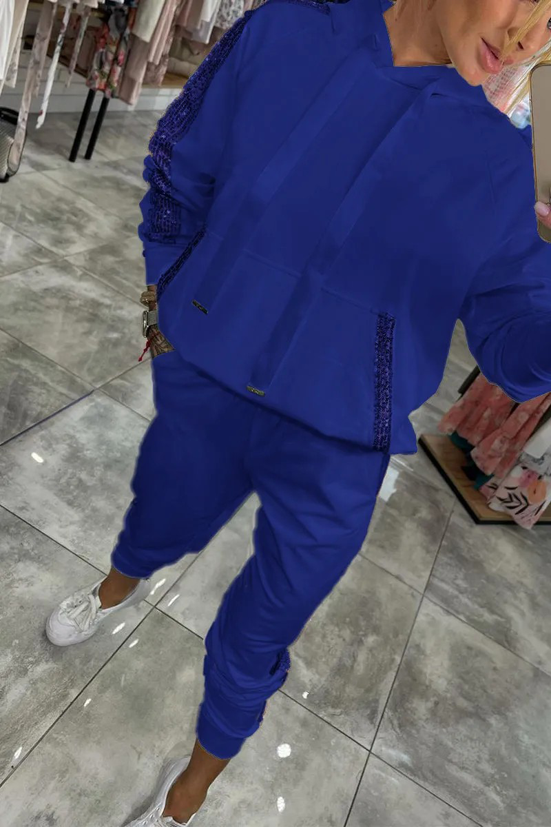 Ensemble deux pièces décontracté à manches longues et capuche avec cordon de serrage et poches à paillettes de couleur unie