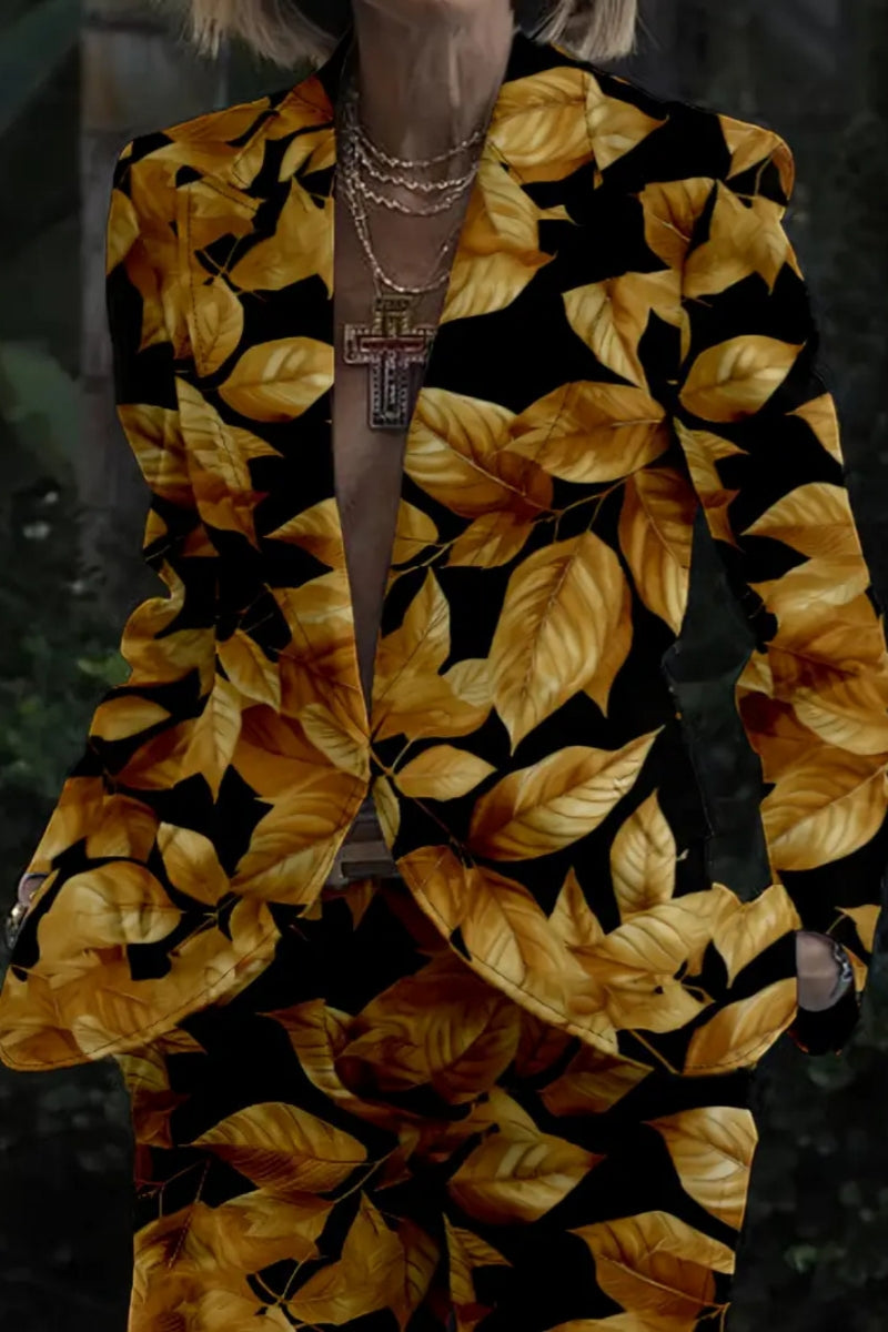 Ensemble deux pièces décontracté à imprimé boutons, col rabattu, manches longues