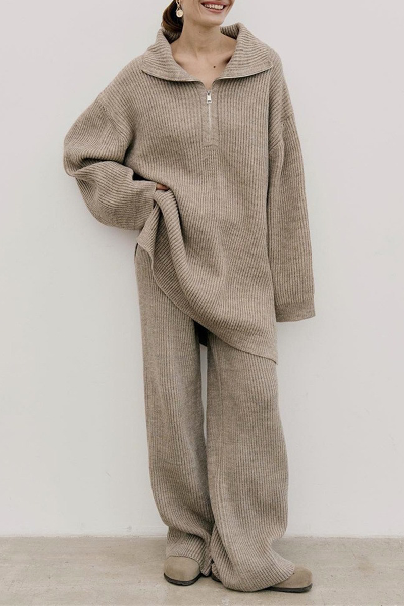 Lässiger, einfarbiger, gewebter Umlegekragen mit Reißverschluss und langen Ärmeln, zweiteilig