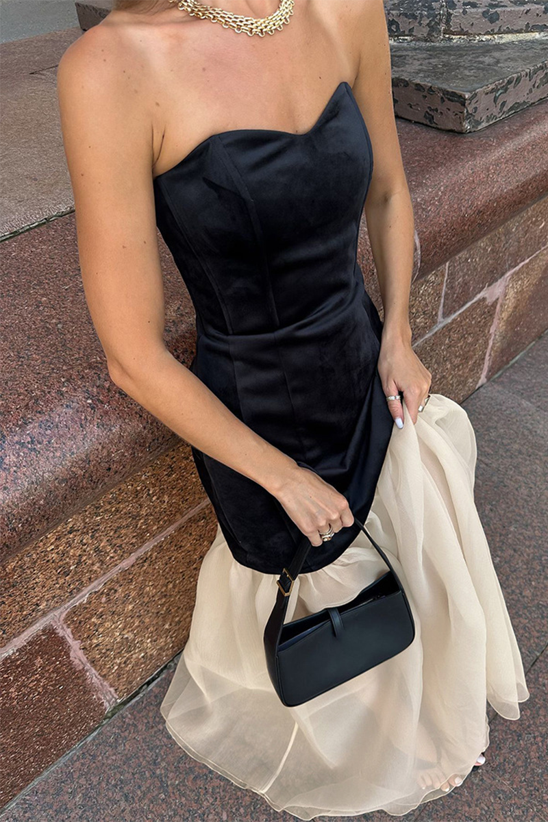 Sexy Trägerlose Kleider in Volltonfarbe mit Netzstoff und Kontrast