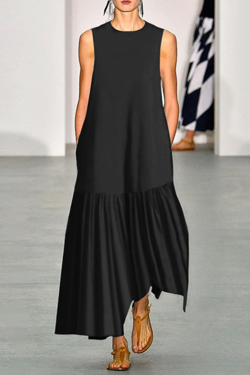 Robe trapèze décontractée à ourlet irrégulier et à col rond de couleur unie