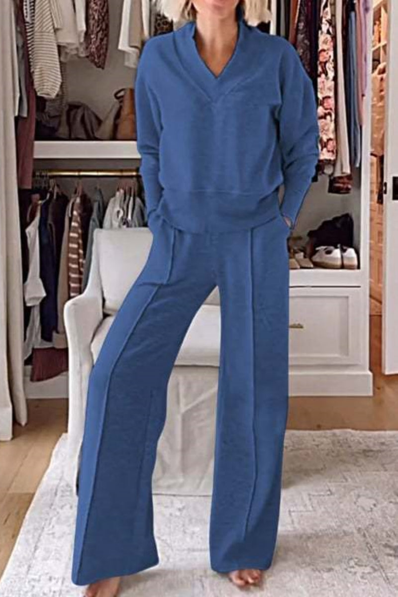 Lässiger, einfarbiger Basic-Zweiteiler mit V-Ausschnitt und langen Ärmeln