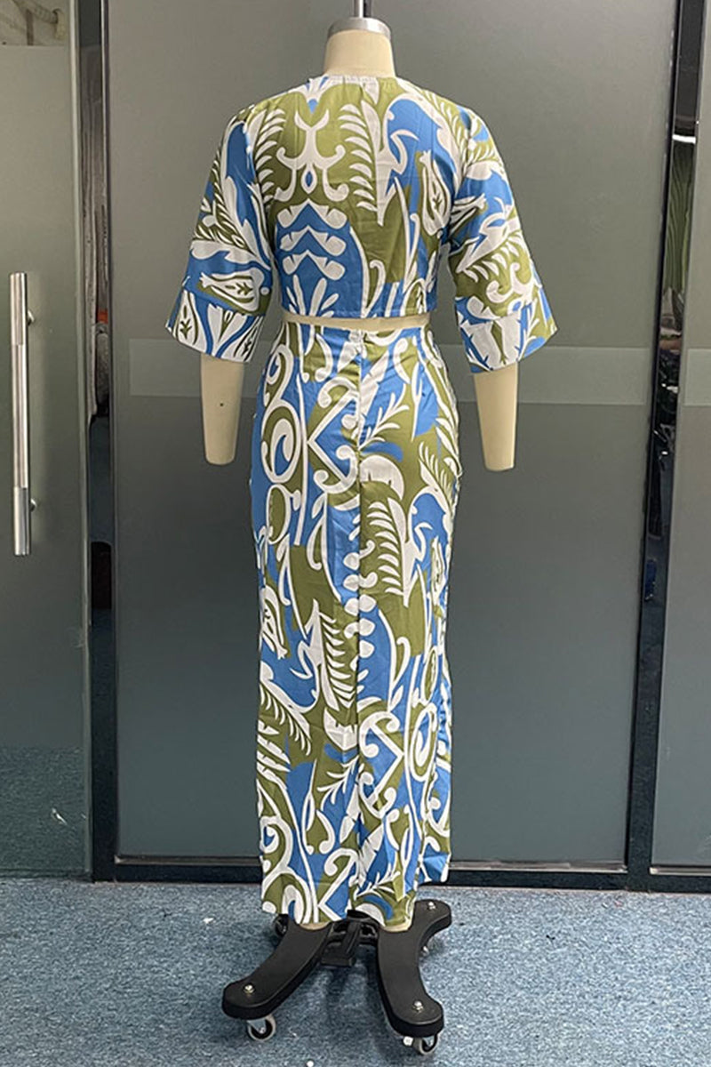 Sexy Casual Vacation Blumendruck Schlitz V-Ausschnitt Halbarm Zweiteiler