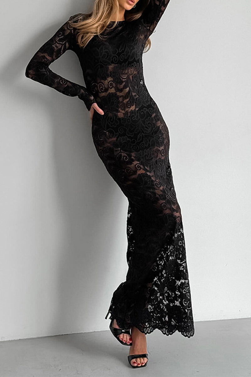 Sexy durchsichtiges Spitzenkleid mit Rundhalsausschnitt und einfarbiger Spitze