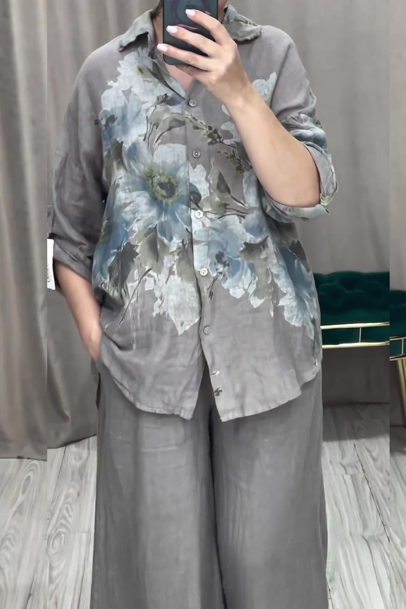 Ensemble deux pièces décontracté à imprimé floral, boutons, col rabattu, manches longues