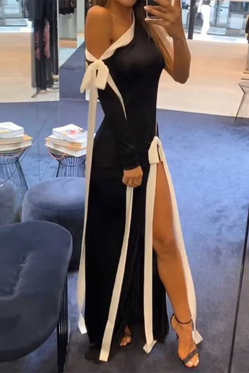 Robe sexy à rayures et lacets avec fente contrastée et épaules tombantes irrégulières