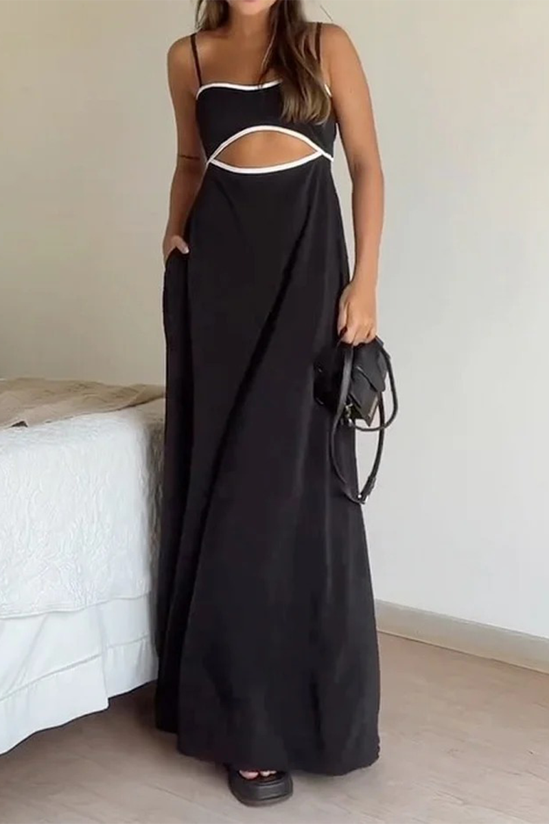 Lässige, einfarbige, ausgehöhlte Taschen, Patchwork, U-Ausschnitt, Sling-Kleid