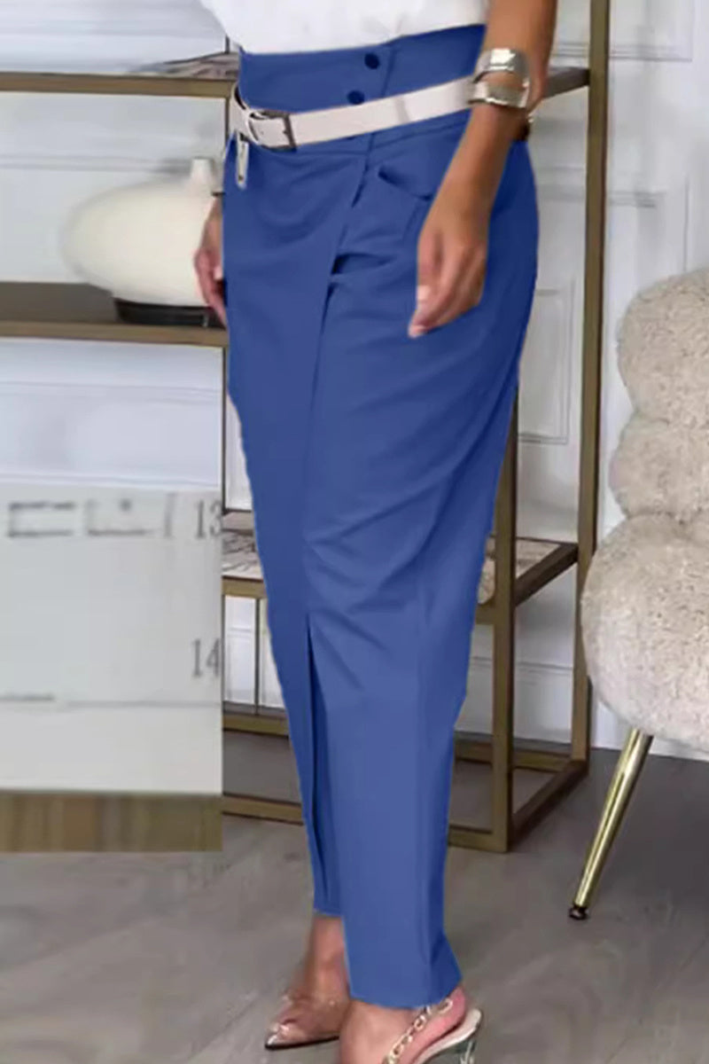 Pantalon classique taille haute droit décontracté avec ceinture (4 couleurs)