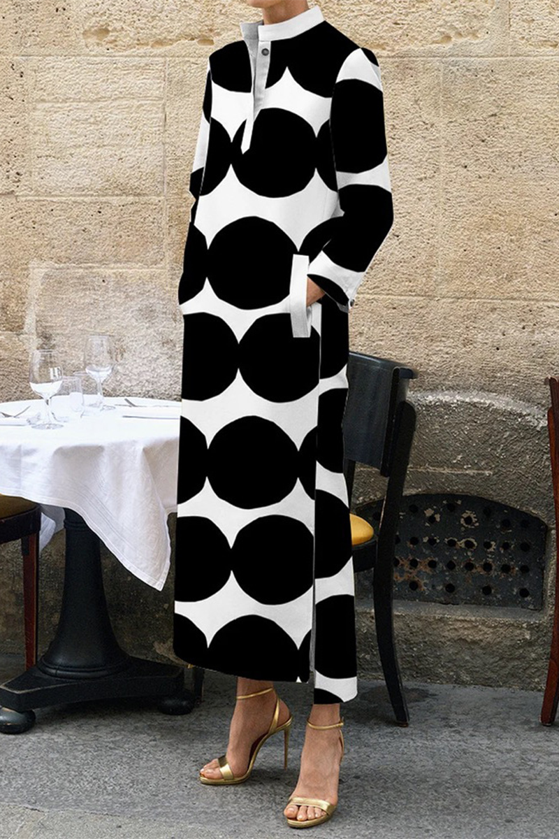 Lässige Street Polka Dot Taschenknöpfe Schlitz Kontrast Stehkragen Langarm Kleider