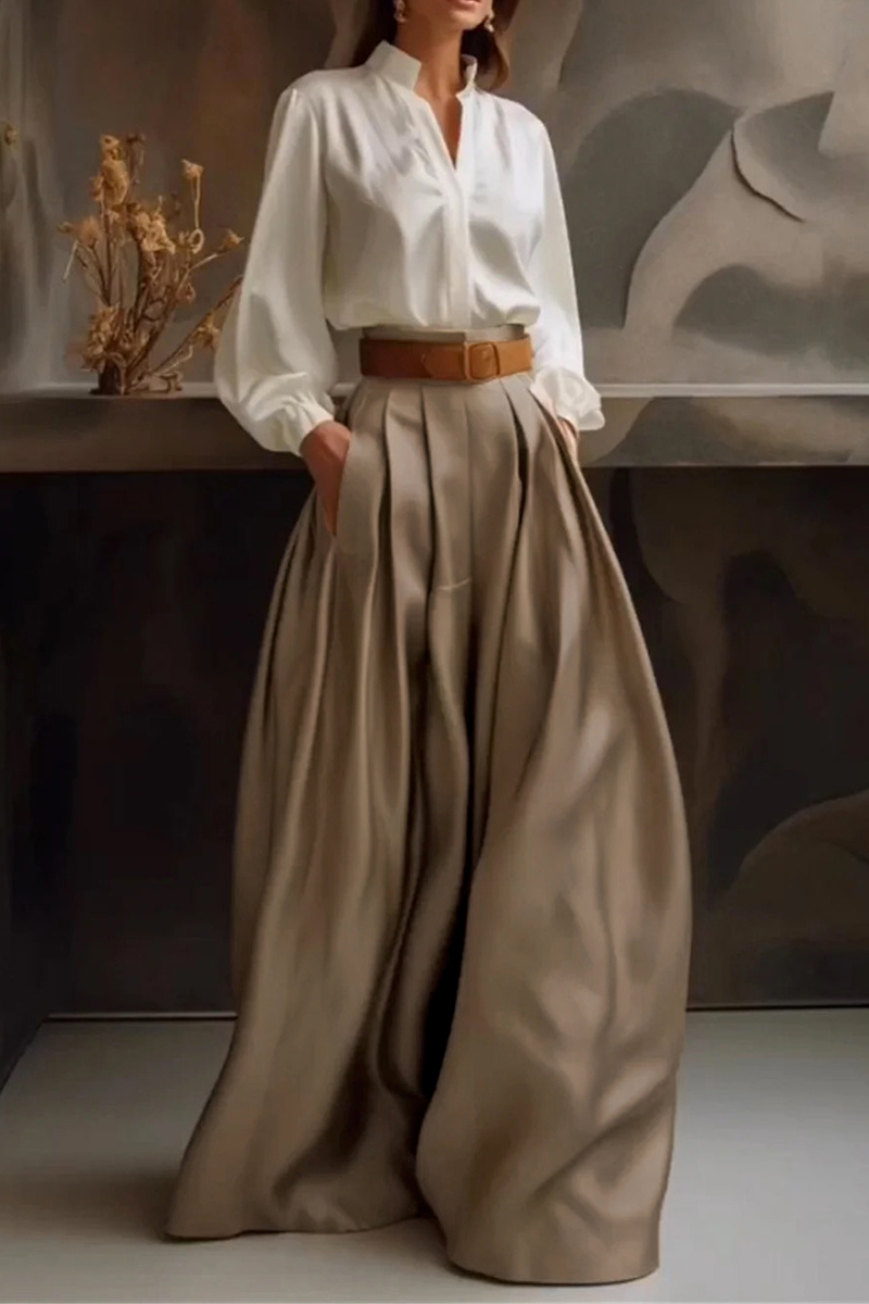 Bas décontracté à taille haute et jambe large avec poche (sans ceinture)