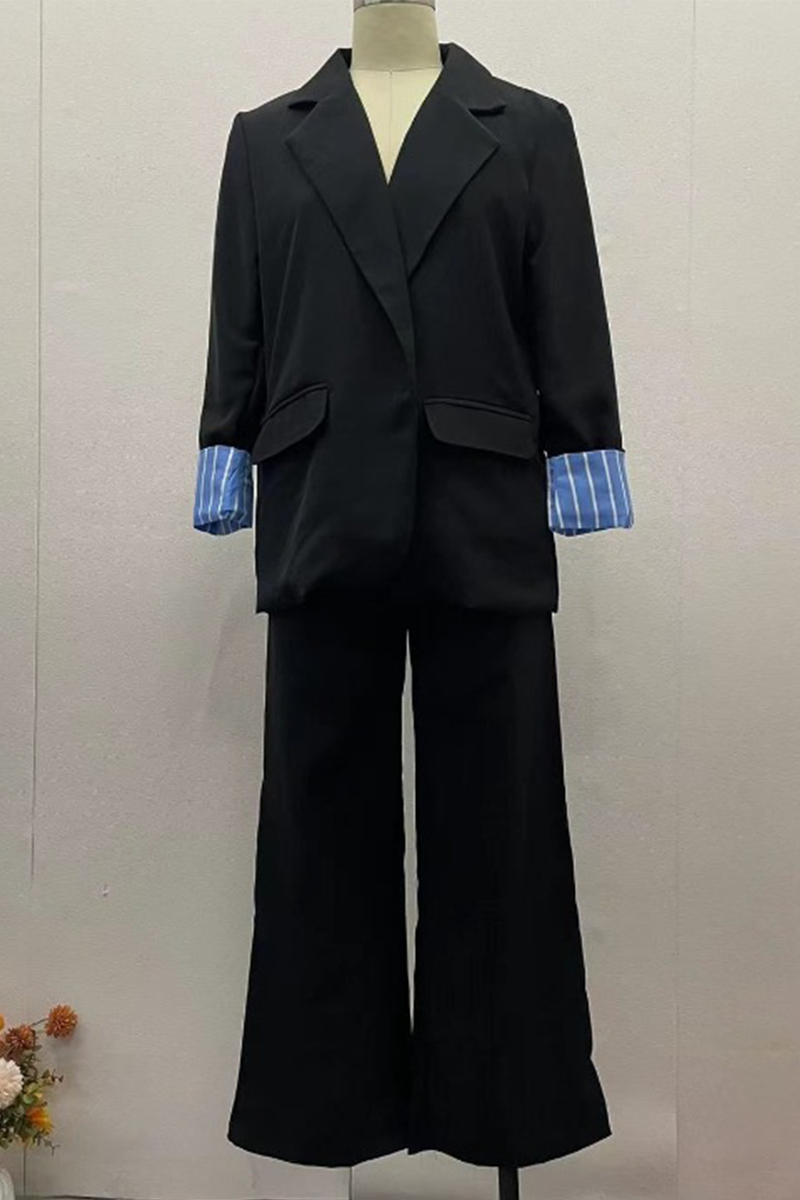 Lässiger Street-Streifen-Taschen-Patchwork-Umschlagkragen, lange Ärmel, zweiteilig