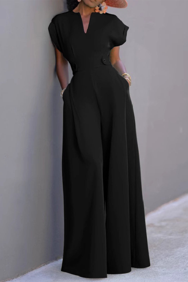 Casual Pocket Patchwork O Neck Loose Jumpsuits(7 Colors)