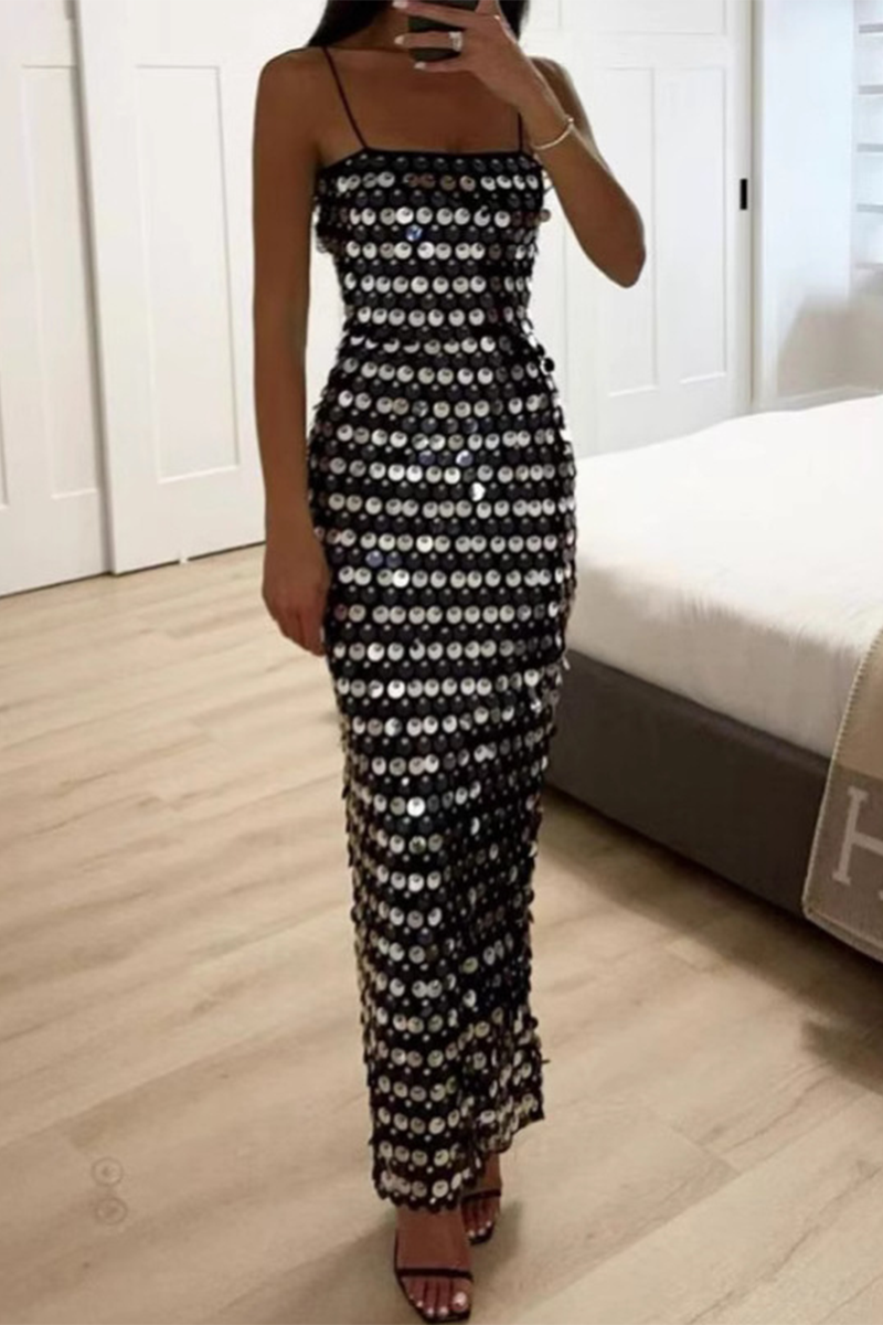 Sexy Kleider mit einfarbigen Pailletten und Patchwork-Pailletten, quadratischem Ausschnitt und einem Schrittrock