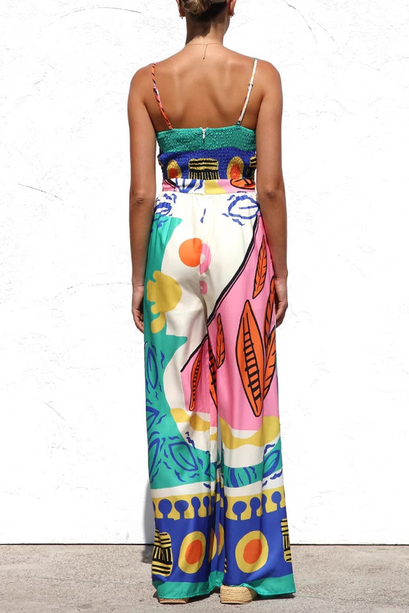 Combinaison ample à imprimé géométrique et nœud décoratif contrasté à col en V pour les vacances