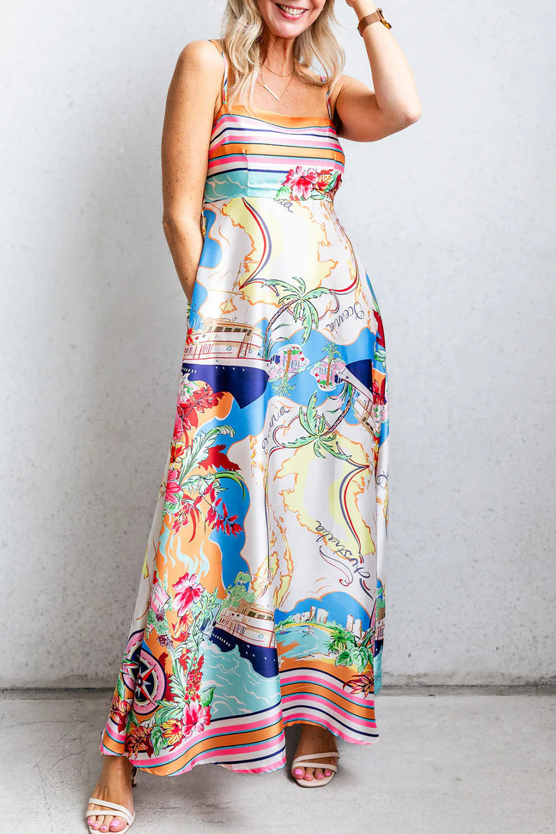 Robe de vacances sexy à imprimé floral et col carré avec poche