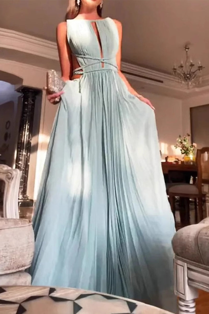 Sexy Solid Color Backless Strap Design Pleated O Neck Pleated Dresses