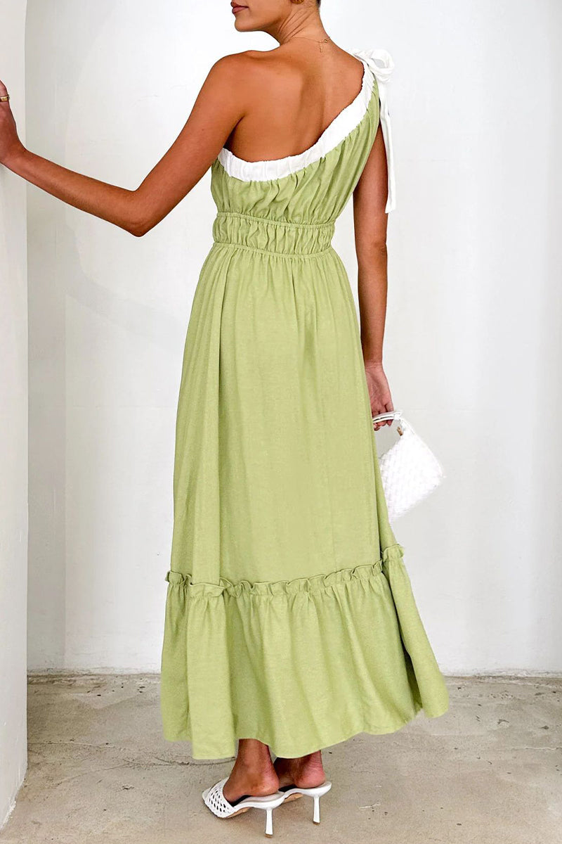 Sexy Kleid mit Schnürung, Patchwork, Rüschen, Kontrast, schrägen Schultern und unregelmäßigen Ärmeln