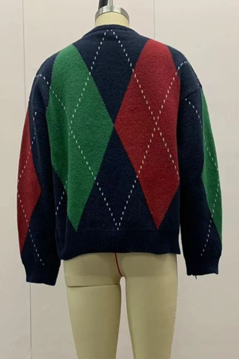 Pulls à col rond contrastés à motif patchwork losanges décontractés