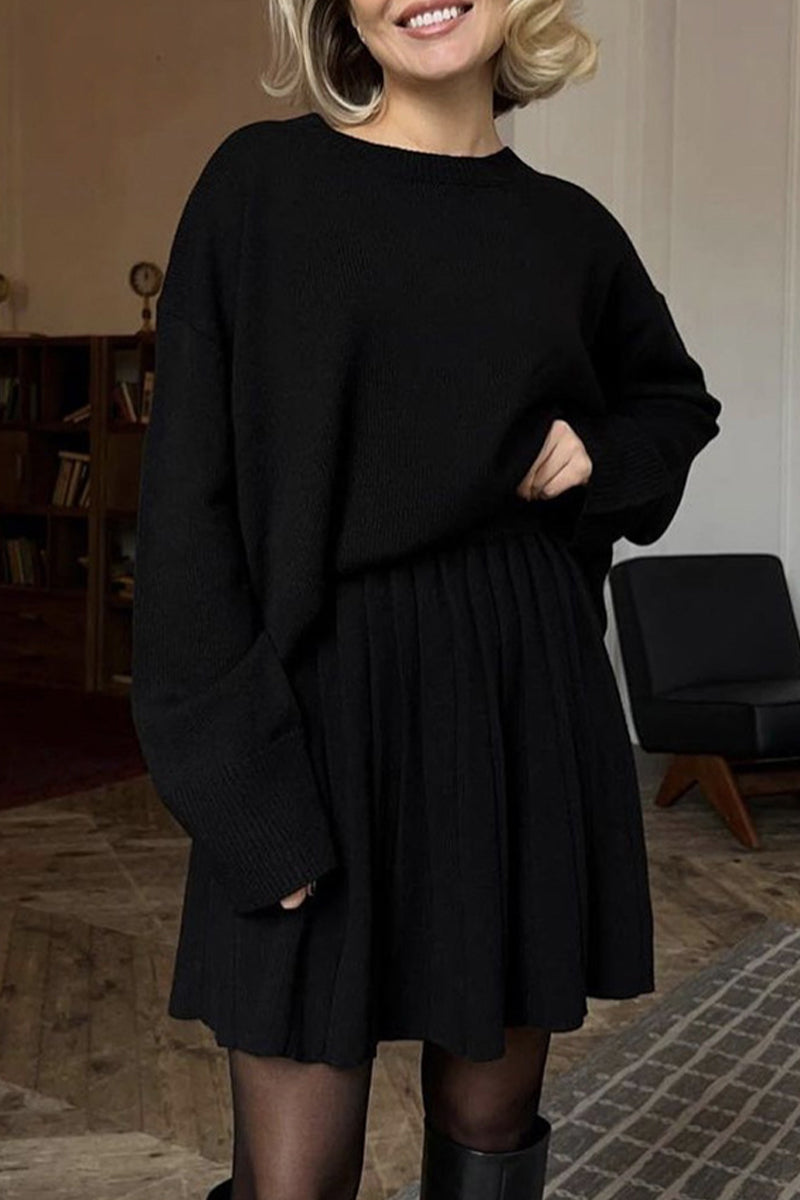 Elegant Solid Color Patchwork Pleated O Neck Long Sleeve Two Pieces