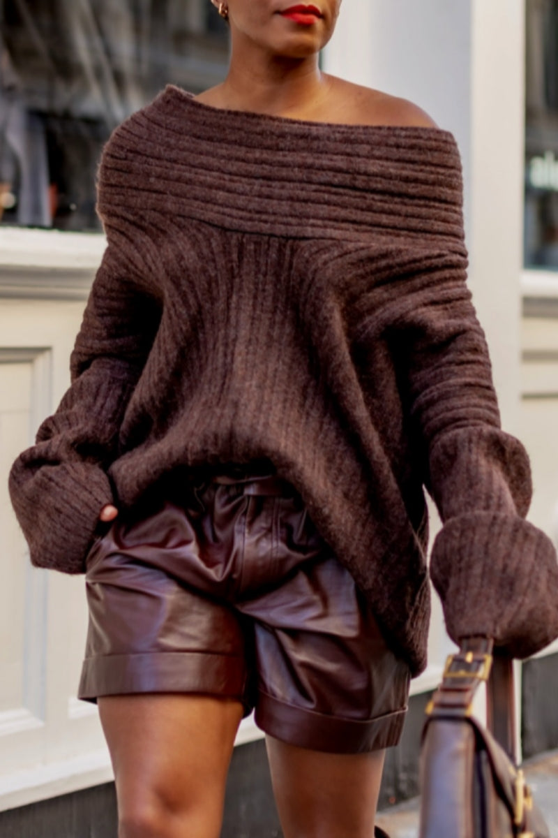 Hauts basiques à col oblique de couleur unie décontractés