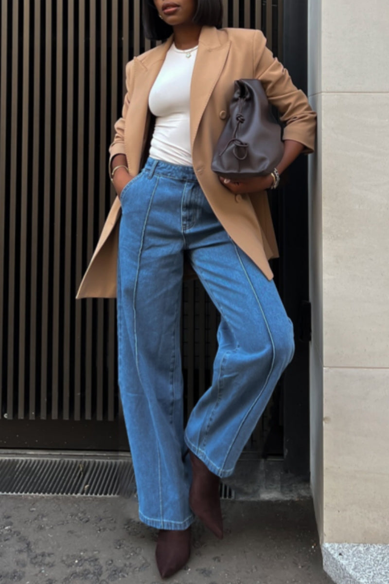 Jean en denim taille haute basique décontracté de couleur unie