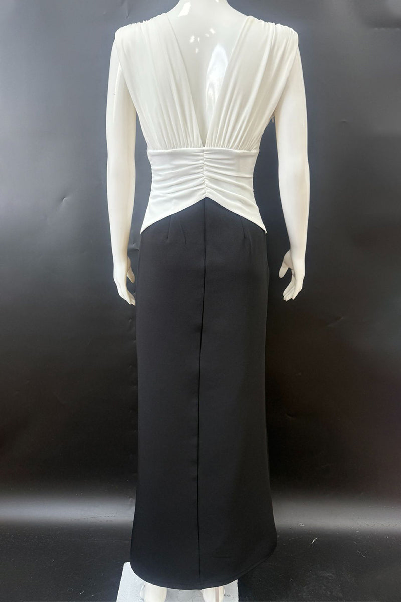 Robe longue sexy dos nu froncée à col en V contrasté