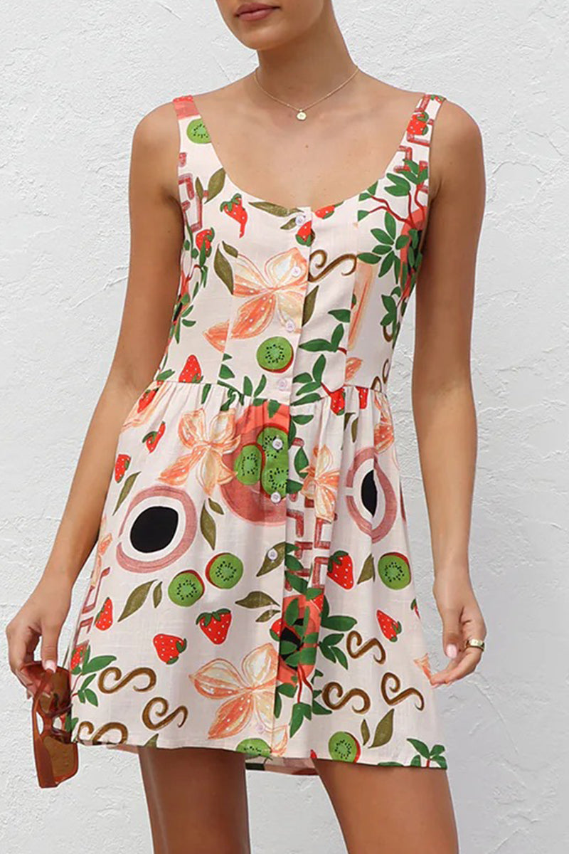 Robe de vacances sexy à imprimé floral et boutons contrastés à col en U