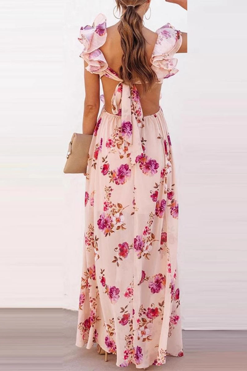 Robe longue sexy à imprimé floral et à lacets avec volants et col en V
