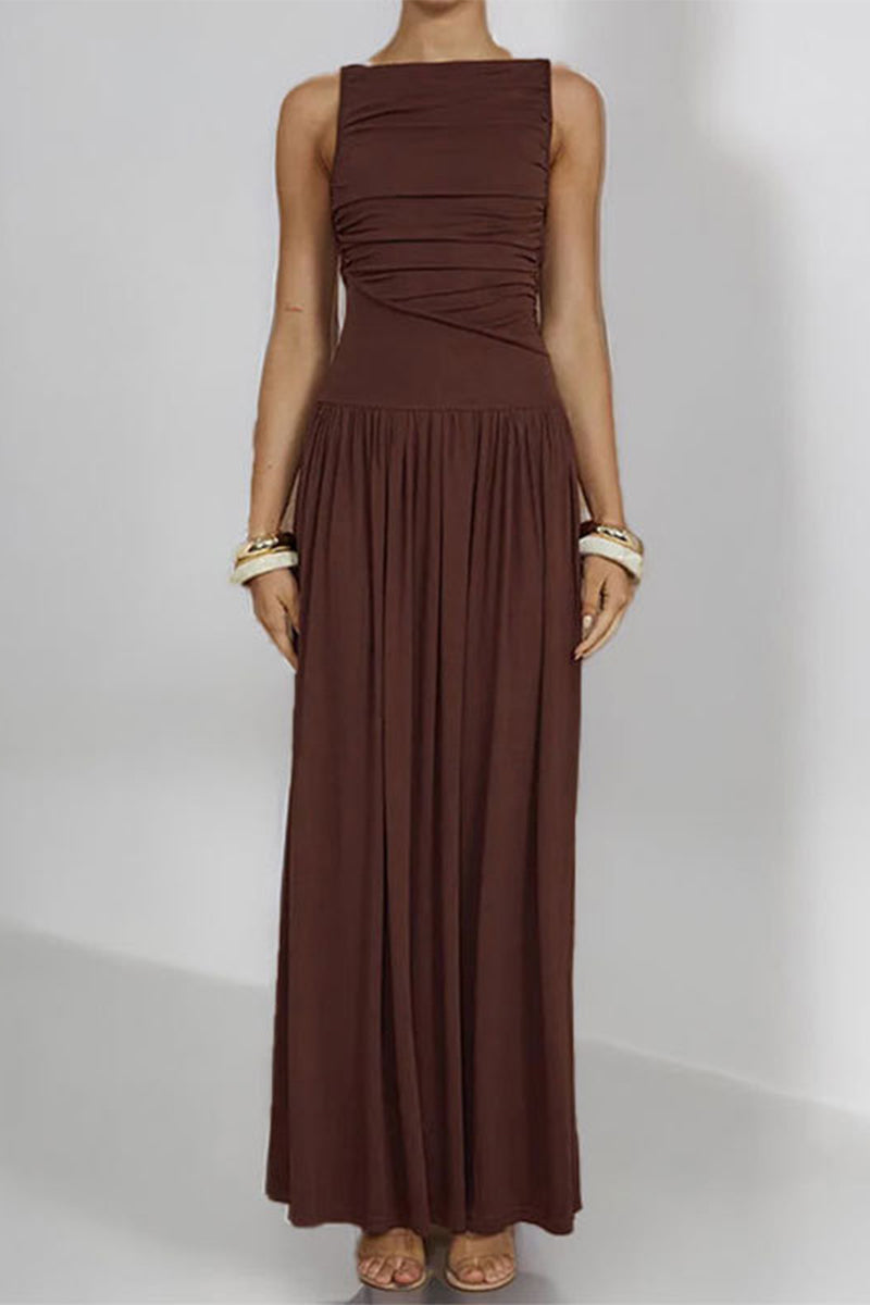 Robe longue décontractée à col rond froncé de couleur unie