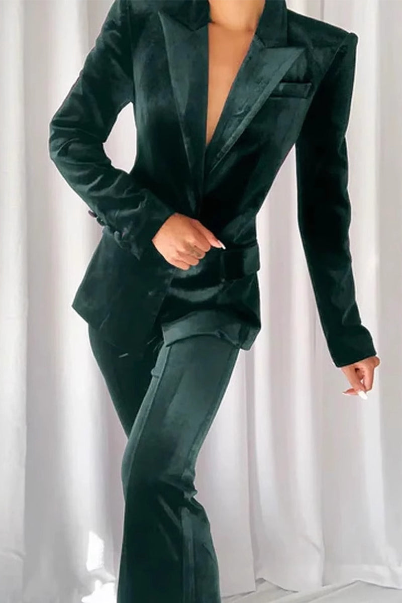 Casual Daily Solid Color Buttons Velvet Turn-back Collar Long Sleeve Two Pieces