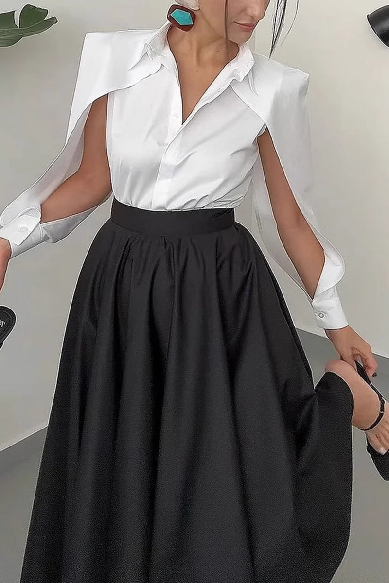 Ensemble élégant en patchwork de couleur unie, col rabattu, manches longues, deux pièces