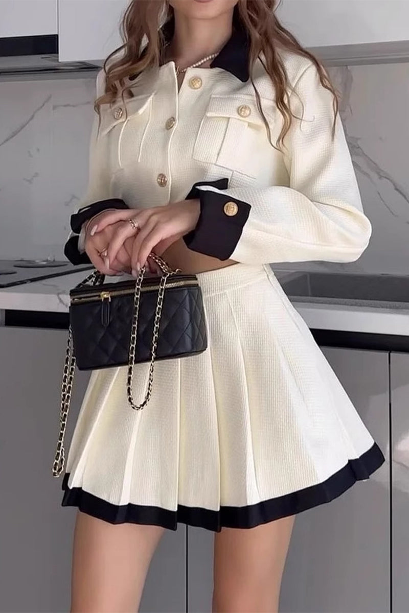 Prominente Einfarbig Patchwork Plissee Kontrast Umlegekragen Langarm Zweiteiler