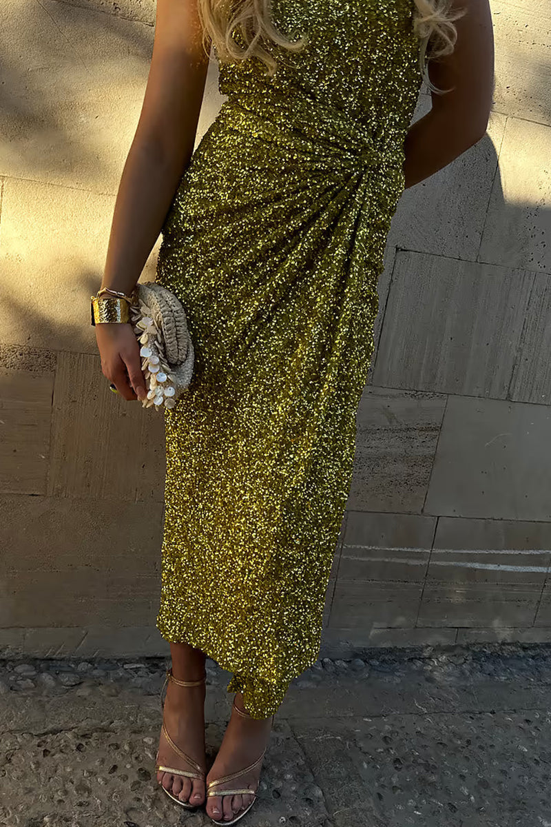 Bas de couleur unie élégant à paillettes froncées taille haute régulière