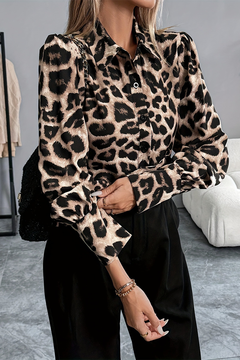 Casual Leopard Patchwork Turndown Collar Tops