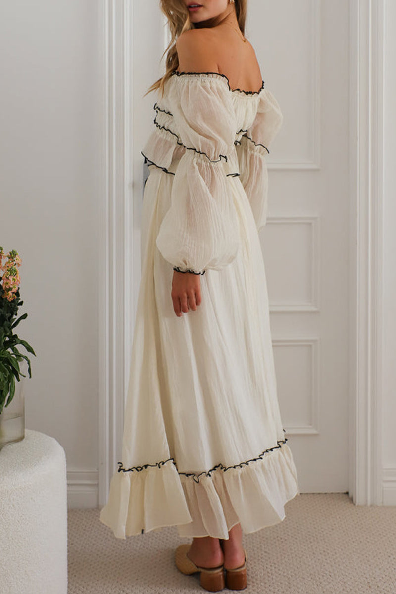 Ensemble deux pièces sexy à lacets et volants contrastés, épaules dénudées et manches longues