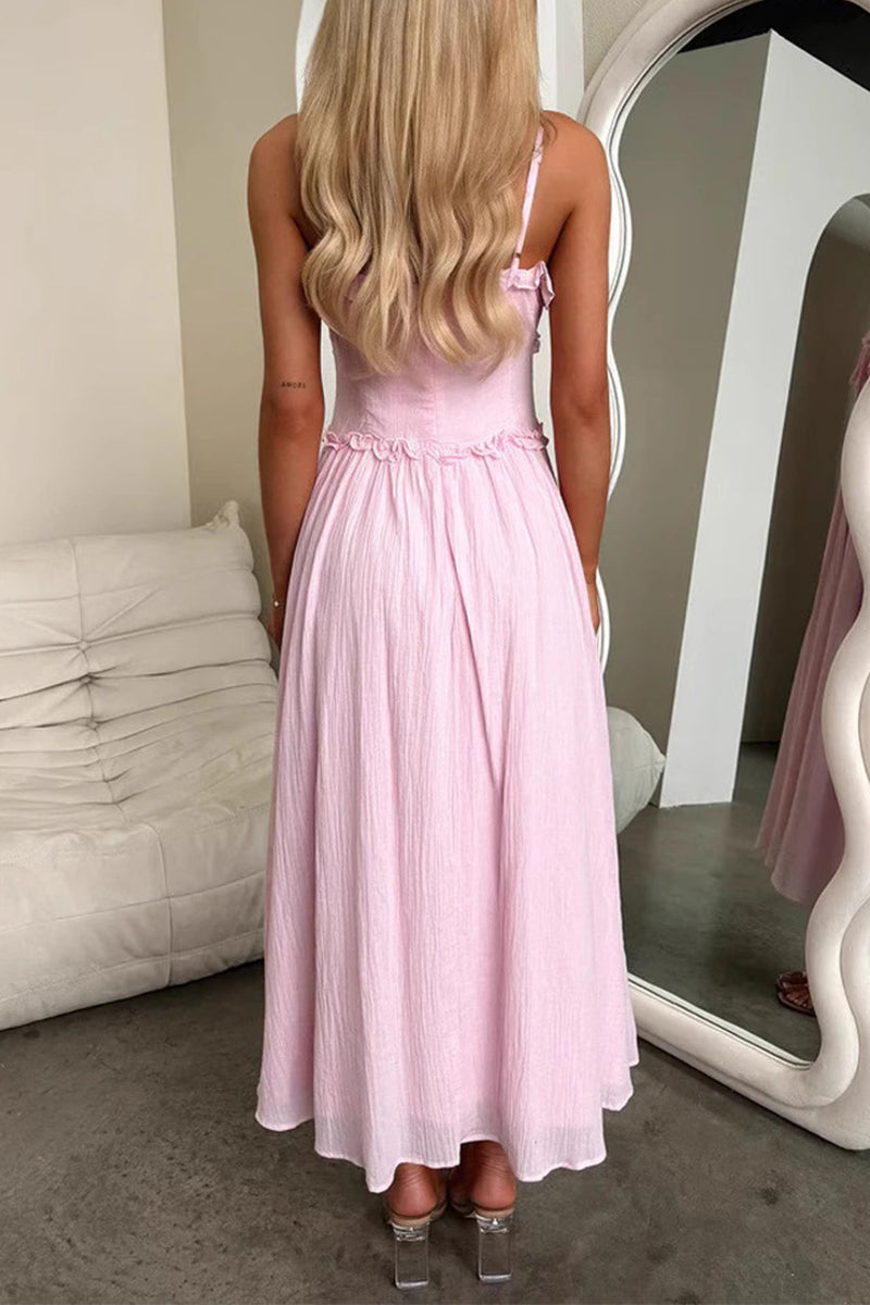 Robe sexy à volants et col en V avec lacets et couleur unie