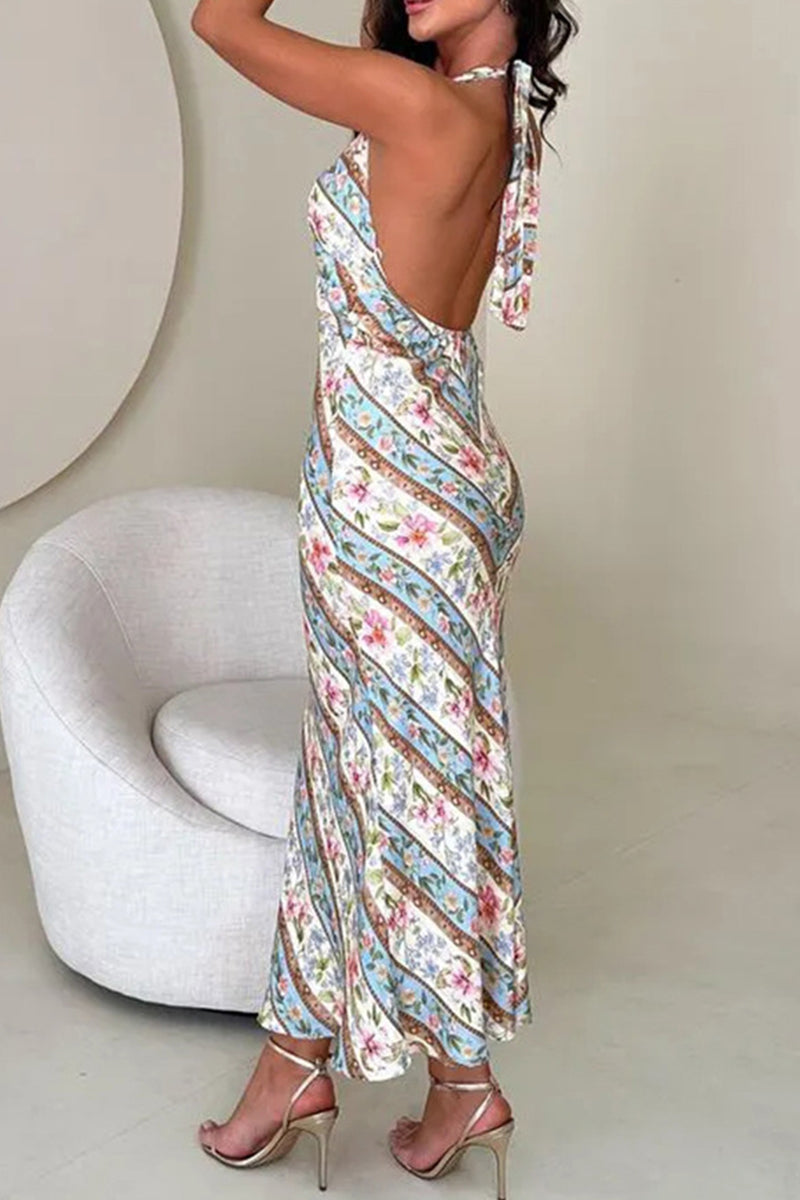 Robe sexy à imprimé floral, dos nu, à lacets, avec jupe en une étape contrastée