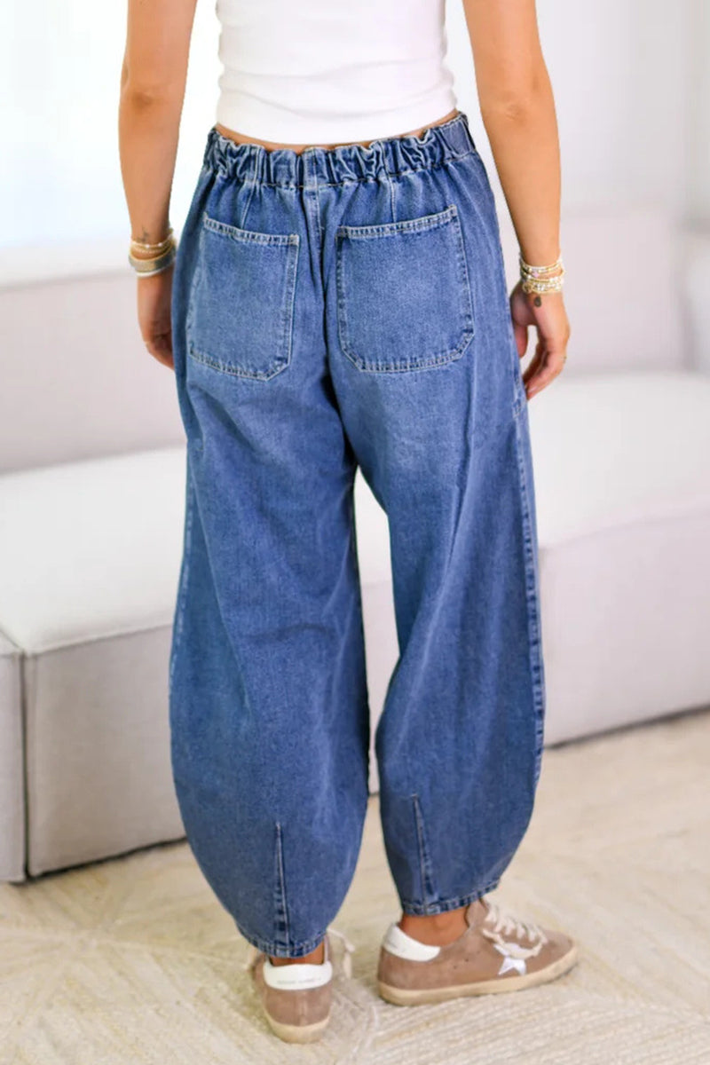 Casual Solid Color Distressed Pocket Lace Up Mid Waist Loose Denim Jeans