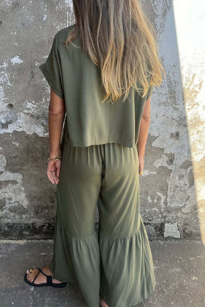 Lässiger, einfarbiger, mit Taschen und Schnürung versehener Volant mit Rundhalsausschnitt und kurzen Ärmeln, zweiteilig