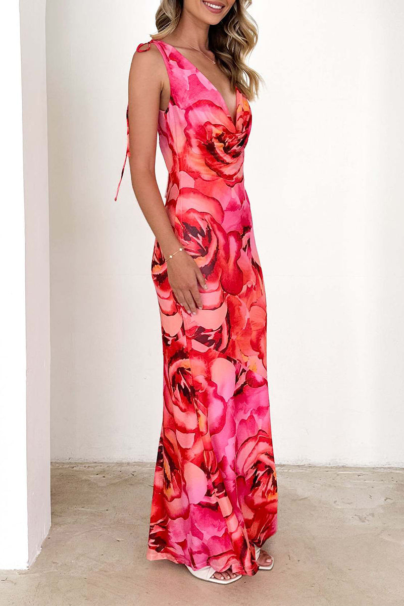 Robe longue sexy à imprimé floral et lacets dos nu avec col en V contrasté
