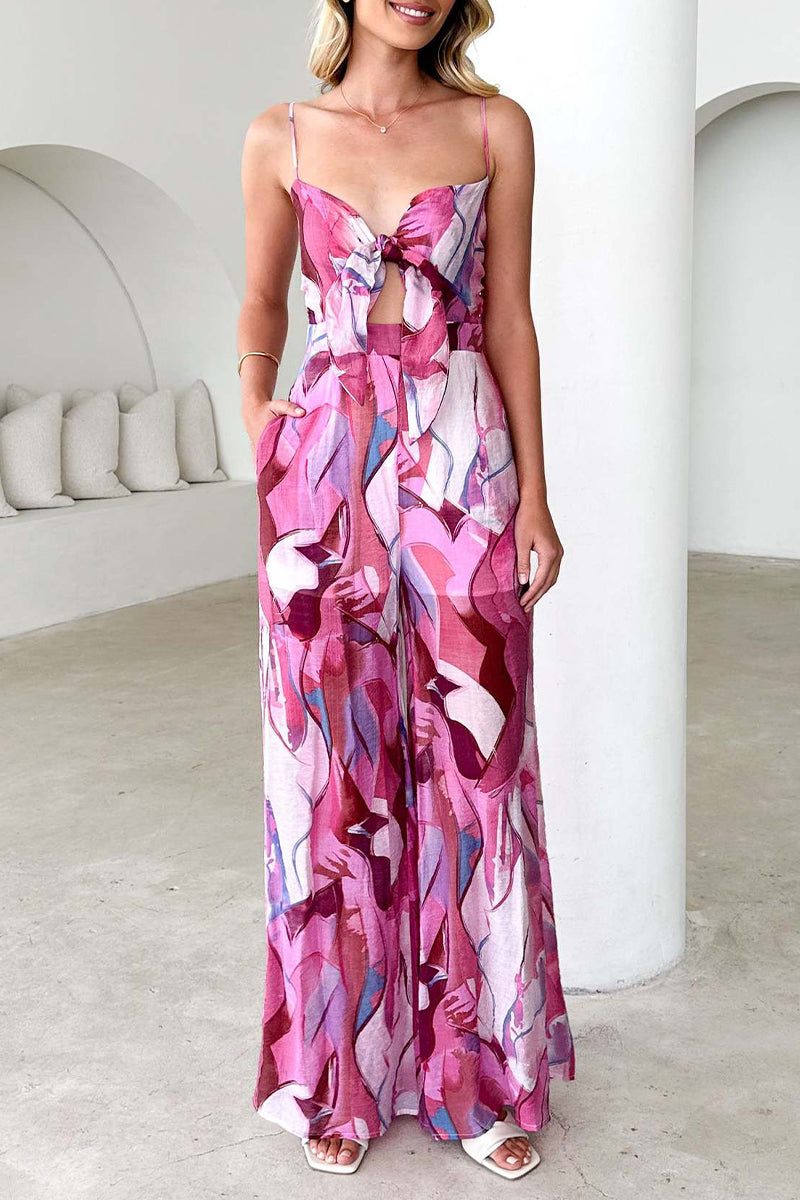 Combinaison ample décontractée à imprimé floral et poches contrastées à col en V