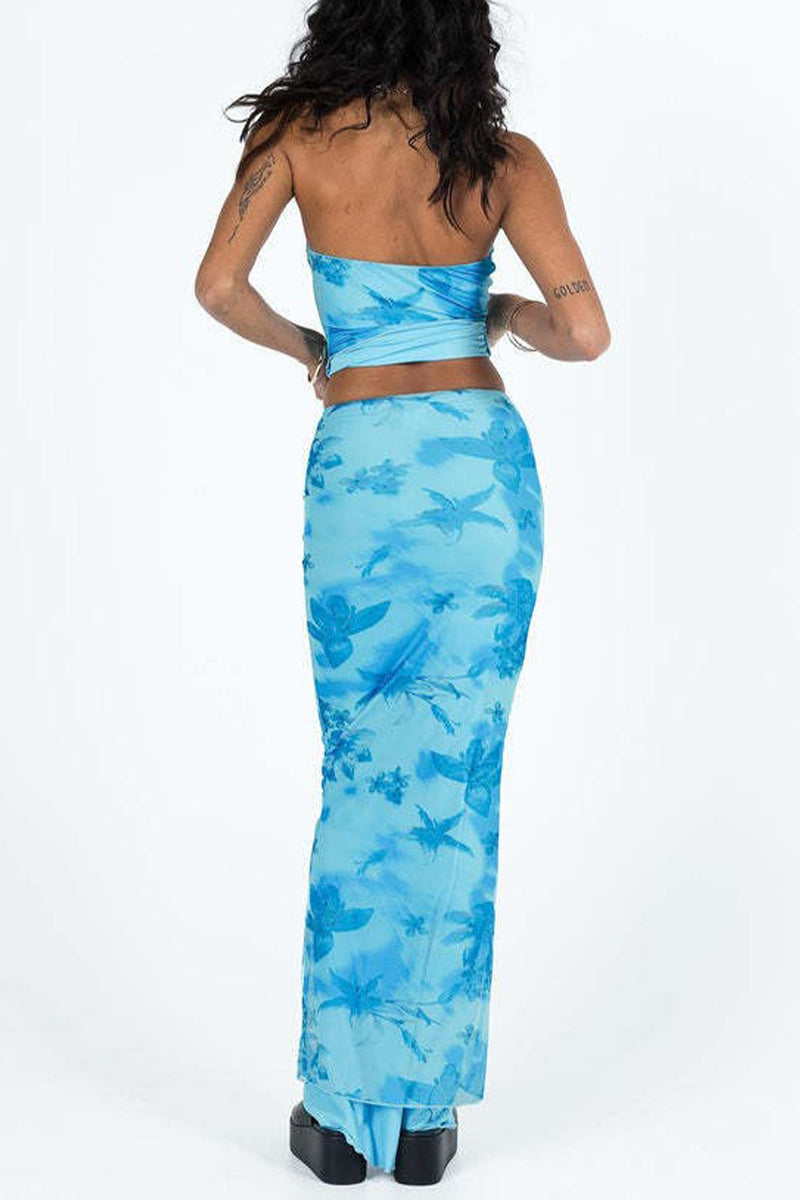 Sexy Blumendruck Kontrastierender trägerloser ärmelloser Zweiteiler